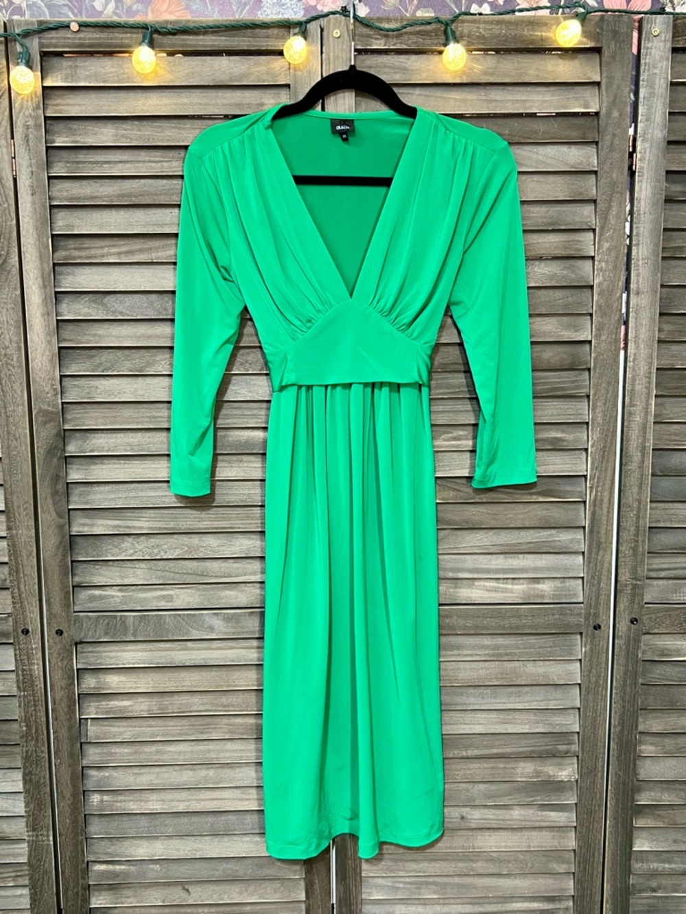 Olian Emerald Green V Neck Dress Long Sleeve Empire Waist Midi XS - Picture 2 of 10